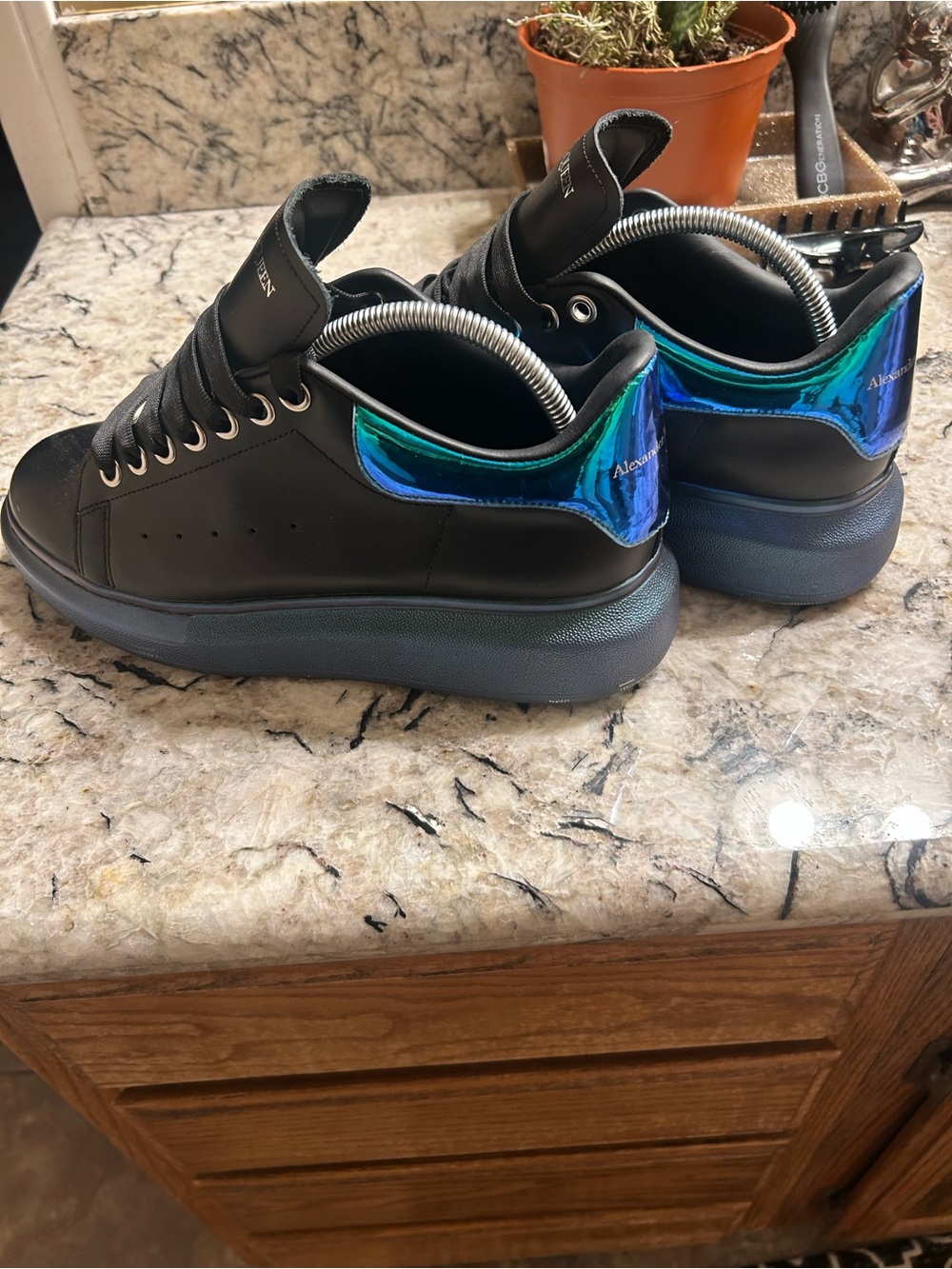 Alexander McQueen Black Leather Sneakers with Blue Heel Tab - Picture 4 of 4